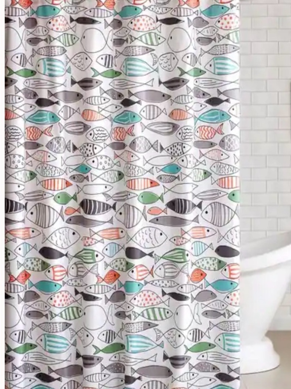 Whimsical Fish Print Shower Curtain in Teal, Mint & Coral